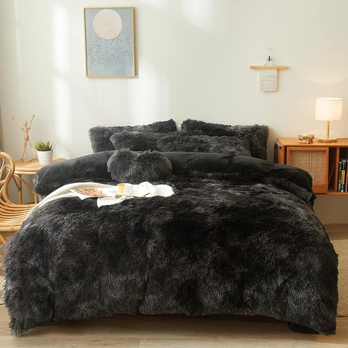 Tie dye Black Plush Fluffy Comforter Cover Set Queen - Ultra Soft Faux Fur tie dye Bedding Sets 3 Pieces (1 Shaggy Duvet Cover + 2 Pillow case) Black Fluffy Bed Set (Tie Dye Black, Queen) - LeafyLoom