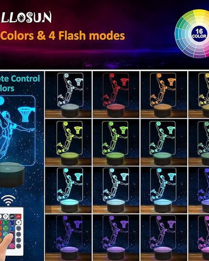 FULLOSUN Basketball 3D Night Light, Basketball Sport Gifts Bedside Lamp for Xmas Holiday Birthday Gifts for Kids Basketball Fan with Remote Control 16 Colors Changing + 4 Changing Mode + Dim Function - LeafyLoom