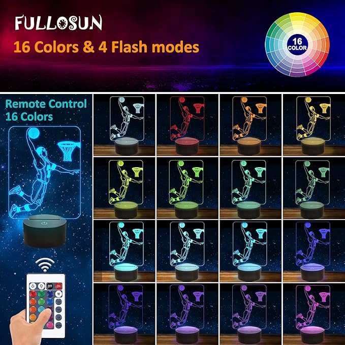 FULLOSUN Basketball 3D Night Light, Basketball Sport Gifts Bedside Lamp for Xmas Holiday Birthday Gifts for Kids Basketball Fan with Remote Control 16 Colors Changing + 4 Changing Mode + Dim Function - LeafyLoom