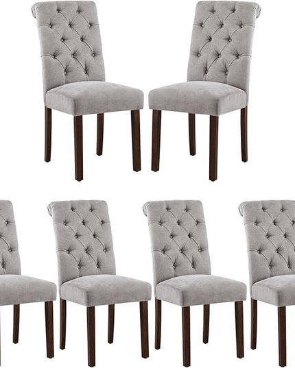 COLAMY Button Tufted Dining Chairs Set of 6, Parsons Upholstered Fabric Dining Room Chairs Kitchen Chairs with Wood Legs and Padded Seat, Light Grey - LeafyLoom