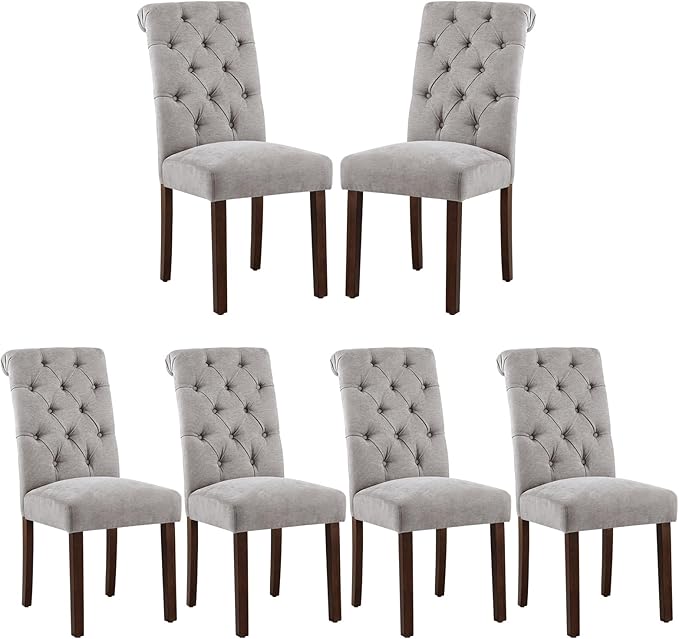 COLAMY Button Tufted Dining Chairs Set of 6, Parsons Upholstered Fabric Dining Room Chairs Kitchen Chairs with Wood Legs and Padded Seat, Light Grey - LeafyLoom