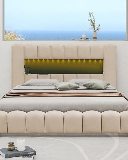Queen Size Upholstered Platform Bed with Large Underneath Storage and LED Headboard, Platform Bed Frame with USB Charger for Bedroom Guest Room,No Box Spring Needed - LeafyLoom