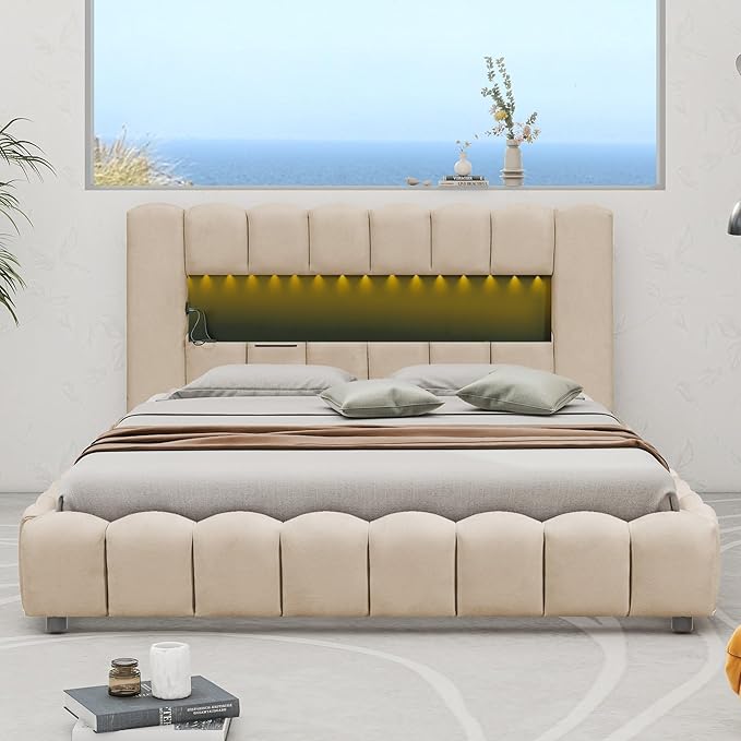 Queen Size Upholstered Platform Bed with Large Underneath Storage and LED Headboard, Platform Bed Frame with USB Charger for Bedroom Guest Room,No Box Spring Needed - LeafyLoom