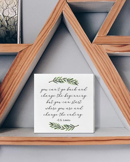 Home Office Desk Wooden Box Sign Decor, You Can't Go Back and Change The Beginning, Inspirational Quotes Desk Decor Motivational Desk Decorations for Women Men Alcoholics Anonymous Counselor Therapist - LeafyLoom