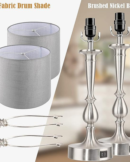 PARTPHONER Set of 2 Touch Control Table Lamp with Dual USB Charging Ports Desk Lamps, 3-Way Dimmable Modern Nickel Finish Bedside Large Table Lamps for Living Room, Bedroom - LeafyLoom