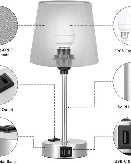 Table Lamps for Bedrooms Set of 2 Bedside - Nightstand Bedroom Lamp with USB C Port and AC Outlet Charging, Dimmable Touch Small End Side Lamp, Grey Night Stand Light for Kid/Guest Room/Living Room - LeafyLoom