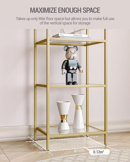 Bookcase Bookshelf, Tempered Glass Bookshelves, Slim Shelving Unit for Bedroom, Bathroom, Home Office, Steel Frame, 5 Tier Gold BC05001G - LeafyLoom