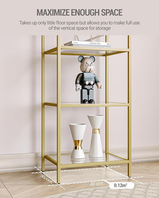 Bookcase Bookshelf, Tempered Glass Bookshelves, Slim Shelving Unit for Bedroom, Bathroom, Home Office, Steel Frame, 5 Tier Gold BC05001G - LeafyLoom