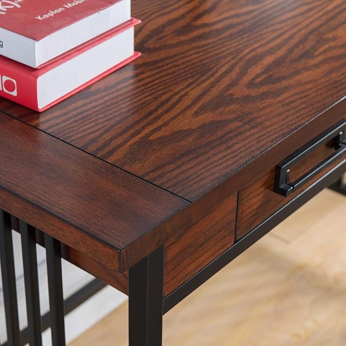 Leick Home 11200 Ironcraft Rustic Writing/Computer Desk with Drop Front Keyboard Drawer, Mission Oak and Black, 22x 46x 30, Brownbronze - LeafyLoom