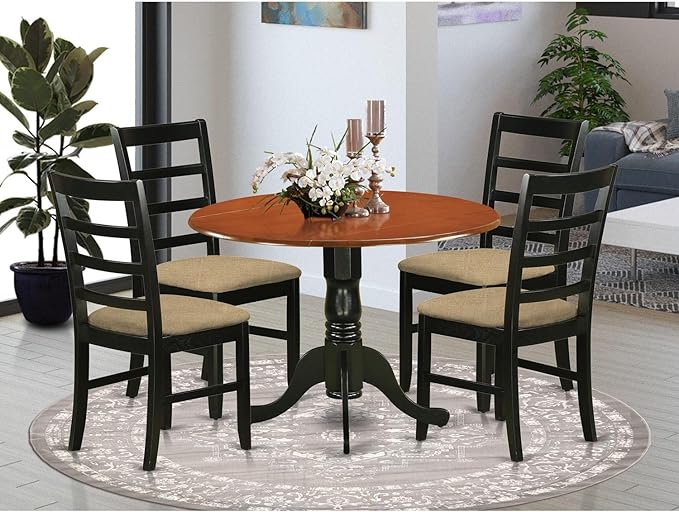 East West Furniture DLPF5-BCH-C Dublin 5 Piece Kitchen Set Includes a Round Dining Room Table with Dropleaf and 4 Linen Fabric Upholstered Chairs, 42x42 Inch, Black & Cherry - LeafyLoom