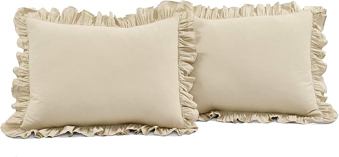 Lush Decor Reyna Ruffle 100% Cotton Duvet Cover Set - 3 Piece Cozy Ruffled Bedding Set - Timeless Elegance and Comfort - Full/ Queen, Wheat - LeafyLoom