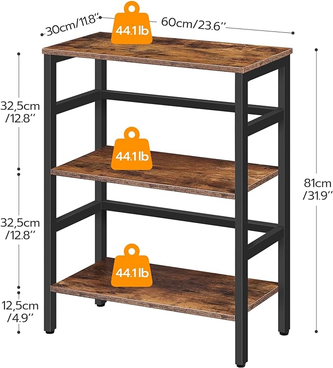 HOOBRO 3 Tier Bookshelf, Industrial Bookcase, Record Storage Rack with Side Fence, Wood Storage Shelf with Metal Frame, Rustic Open Display Shelf for Living Room, Bedroom, Rustic Brown BF86CJ01 - LeafyLoom