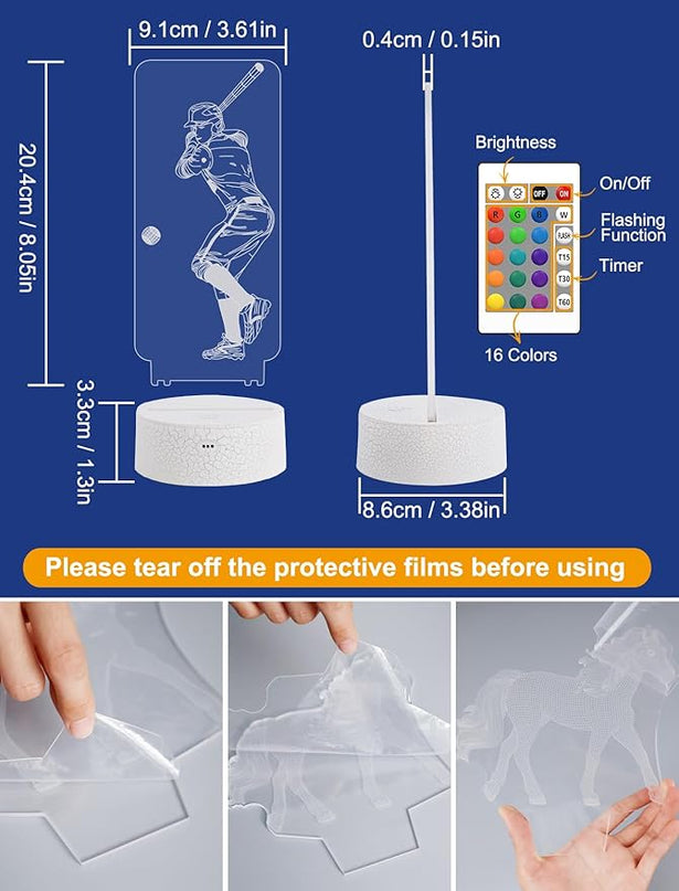 FULLOSUN Baseball Gift, Kids Baseball Night Light (with Remote Control), 3D Illumination Lights Boys Gift 16 Colors Changeable Kids Room Lighting Creative Decoration... (Baseball) - LeafyLoom