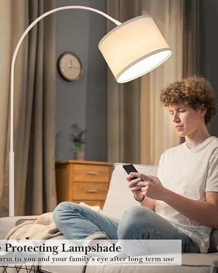 White Arc Floor Lamp, Modern Floor Lamp for Living Room with Adjustable Lamp Head, Tall Pole Standing Lamp with On/Off Pedal Switch, Over Couch Arched Reading Light for Bedroom, Office, Study Room - LeafyLoom