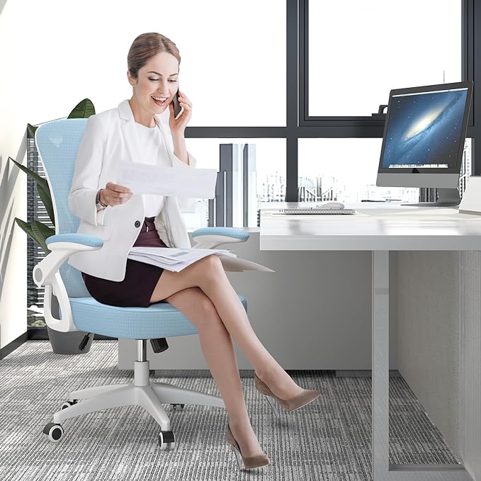 naspaluro Ergonomic Office Chair, Mid Back Desk Chair with Adjustable Height, Swivel Chair with Flip-Up Arms and Lumbar Support, Breathable Mesh Computer Chair for Home/Study/Working, Blue - LeafyLoom