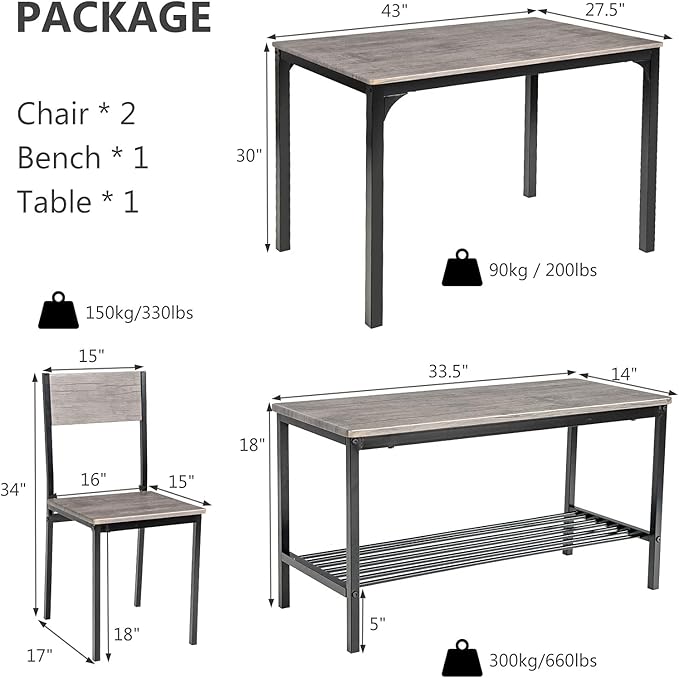 Moccha Dining Table Set for 4, Wooden Kitchen Table with with 2 Chairs and a Long Bench, Modern 4-Piece Dinette with Metal Frame & Storage Rack, Space-Saving Table Set for Dining Room, Black Oak - LeafyLoom