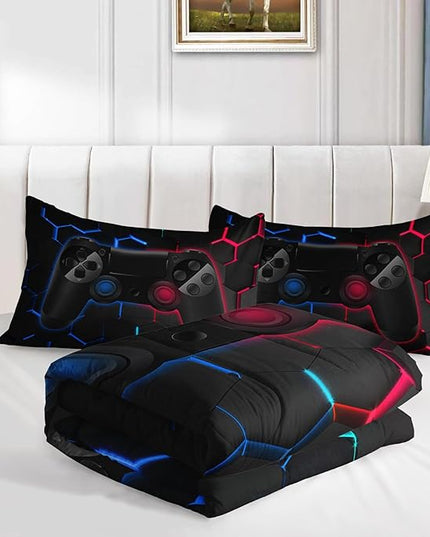 Axolotl Gamer Comforter Sets Twin,Geometric Honeycomb Gaming Bedding Sets,Video Games Comforter,Gaming Bedding Set,Game Console Comforter Set for Kids Boys Girls Teens,1 Quilt 2 Pillowcases,Blue Red - LeafyLoom