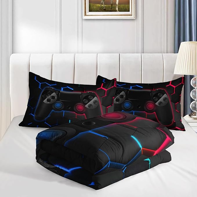 Axolotl Gamer Comforter Sets Twin,Geometric Honeycomb Gaming Bedding Sets,Video Games Comforter,Gaming Bedding Set,Game Console Comforter Set for Kids Boys Girls Teens,1 Quilt 2 Pillowcases,Blue Red - LeafyLoom