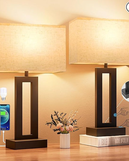 Nightstand Table Lamps for Bedrooms Set of 2 - Touch Bedside Lamp with USB C+A, 3 Way Dimmable Living Room Lamps for End Tables Set of 2, Modern Night Stand Lamps for Bed Side Guest Room(Cream) - LeafyLoom