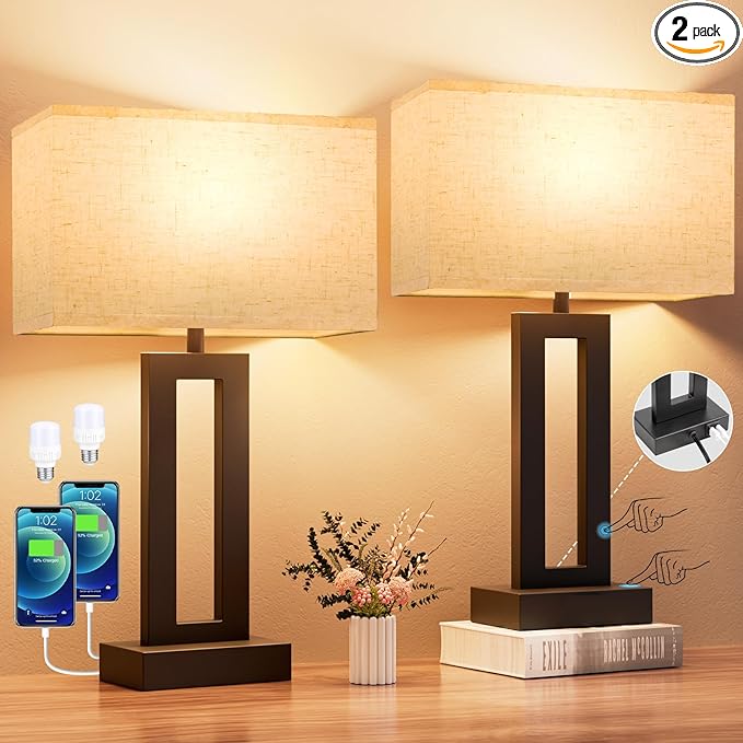 Nightstand Table Lamps for Bedrooms Set of 2 - Touch Bedside Lamp with USB C+A, 3 Way Dimmable Living Room Lamps for End Tables Set of 2, Modern Night Stand Lamps for Bed Side Guest Room(Cream) - LeafyLoom