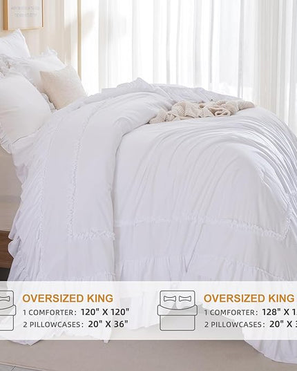 Oversized King Comforter 128x120,White Shabby Boho Chic Farmhouse Bedding Comforter with Ruffles,3 Pieces Vintage Lightweight and Soft French Country Bedding Set - LeafyLoom