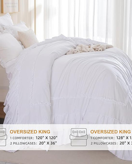 White Oversized King Comforter Set 120x120,Farmhouse Shabby Boho Chic Ruffle California King Bed Comforter Set French Country Rustic Bedding 3PCS (1 Ruffled Comforter+2 Pillow Shams) - LeafyLoom