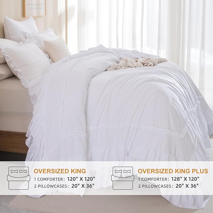 White Oversized King Comforter Set 120x120,Farmhouse Shabby Boho Chic Ruffle California King Bed Comforter Set French Country Rustic Bedding 3PCS (1 Ruffled Comforter+2 Pillow Shams) - LeafyLoom
