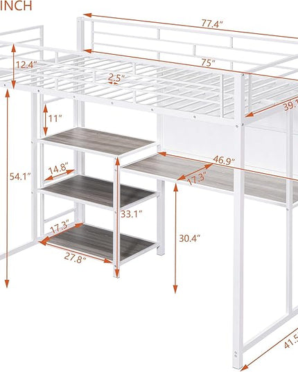 RITSU Twin Size Loft Bed, Heavy Duty Metal Bedframe with Desk and Whiteboard, 3 Big Shelves The Storage Space, Sturdy Construction, for Children's Room, Teens, White - LeafyLoom