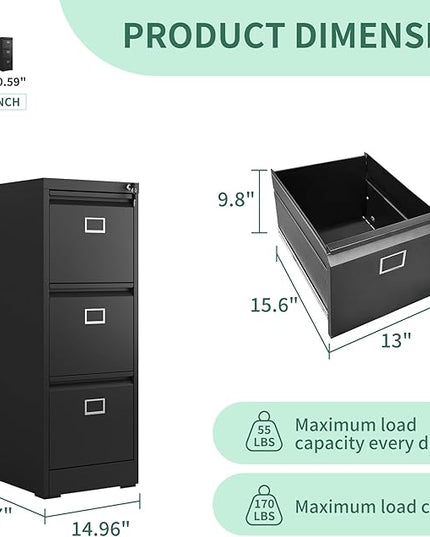 3 Drawer File Cabinet, Metal Vertical File Cabinets with Lock for Home Office, Office Steel Filing Cabinet for Hanging Files for A4/ Legal/Letter,Assembly Required (Black) - LeafyLoom