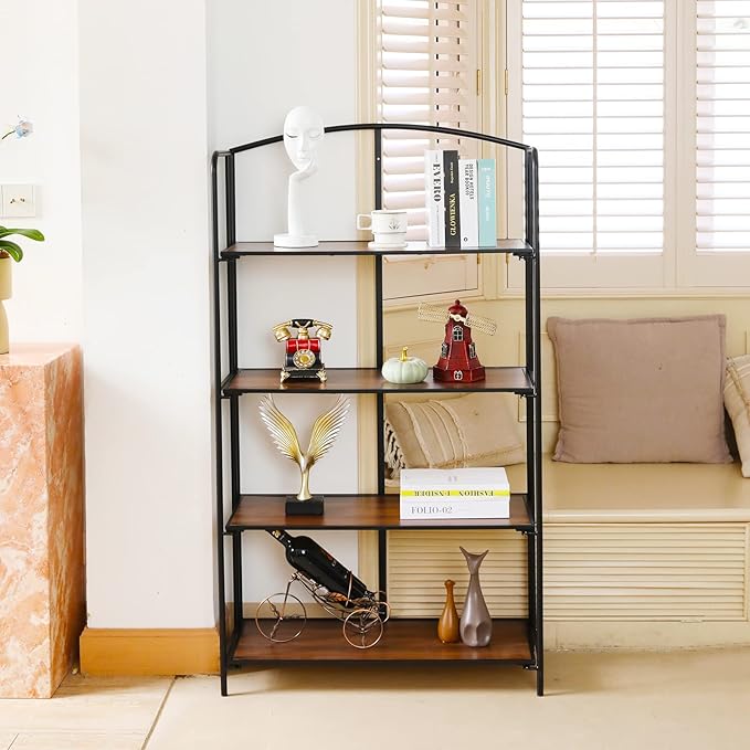 No Assembly Folding Bookshelf, 4 Tier Black Bookshelf, Metal Book Shelf for Storage, Folding Bookcase for Office Organization and Storage, 12.87" D x 30.9" W x 55.71" H - LeafyLoom