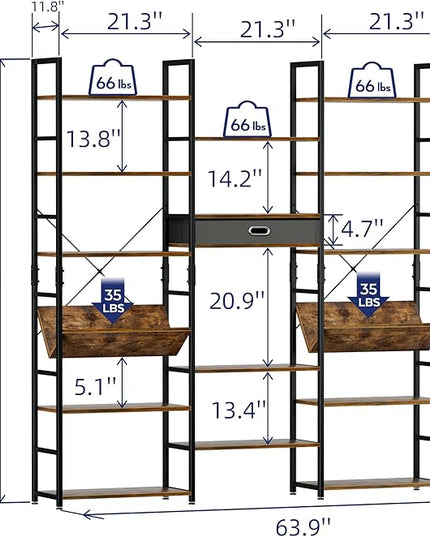 NUMENN Triple Wide 6 Tier Bookshelf, Adjustable Rustic Industrial Style Book Shelves, Modern Bookcases and Bookshelves Furniture for Bedroom, Living Room and Home Office, Vintage Brown - LeafyLoom