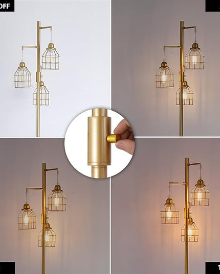 9MMML Golden Dimmable Floor Lamp,Industrial Gold Farmhouse Tall Standing Lamp for Living Room, Bedroom Office,3 Teardrop Cage Lampshade,3 LED Bulbs Inculded, 68'' Tall - LeafyLoom