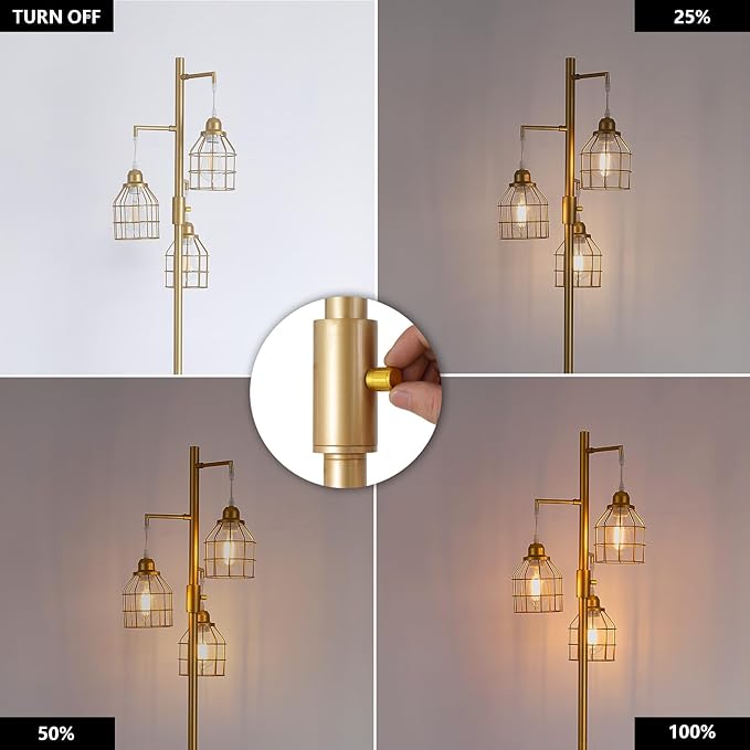 9MMML Golden Dimmable Floor Lamp,Industrial Gold Farmhouse Tall Standing Lamp for Living Room, Bedroom Office,3 Teardrop Cage Lampshade,3 LED Bulbs Inculded, 68'' Tall - LeafyLoom