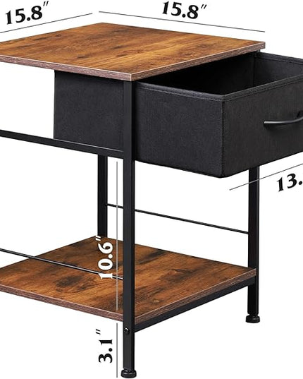 WLIVE Night Stand, Side Table with Fabric Storage Drawer, Small Nightstand, Bedside Table End Table for Bedroom, Dorm, Open Wood Shelf, Steel Frame, Black and Rustic Brown - LeafyLoom