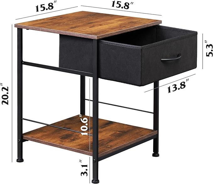 WLIVE Night Stand Set 2, Nightstands End Tables with Fabric Storage Drawer and Open Wood Shelf, Side Tables for Bedroom, Small Bedside Furniture, Dorm, Easy Assembly, Black and Rustic Brown - LeafyLoom