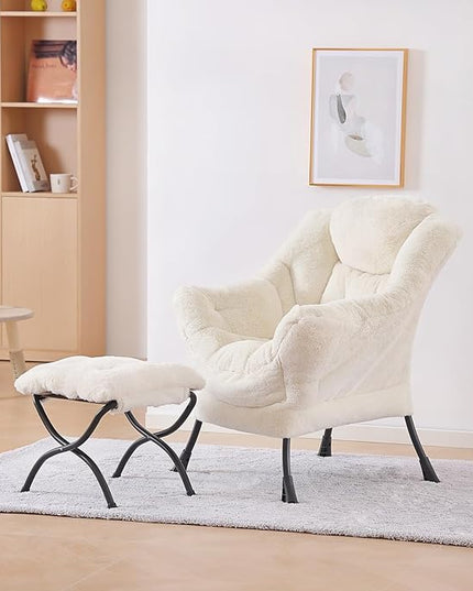 Plush Lazy Chair and Ottoman, Large Contemporary Accent Lounge Chair with Armrests and a Side Pocket, Modern Leisure Upholstered Sofa Reading Armchair with Footrest for Bedroom, Living Room - LeafyLoom