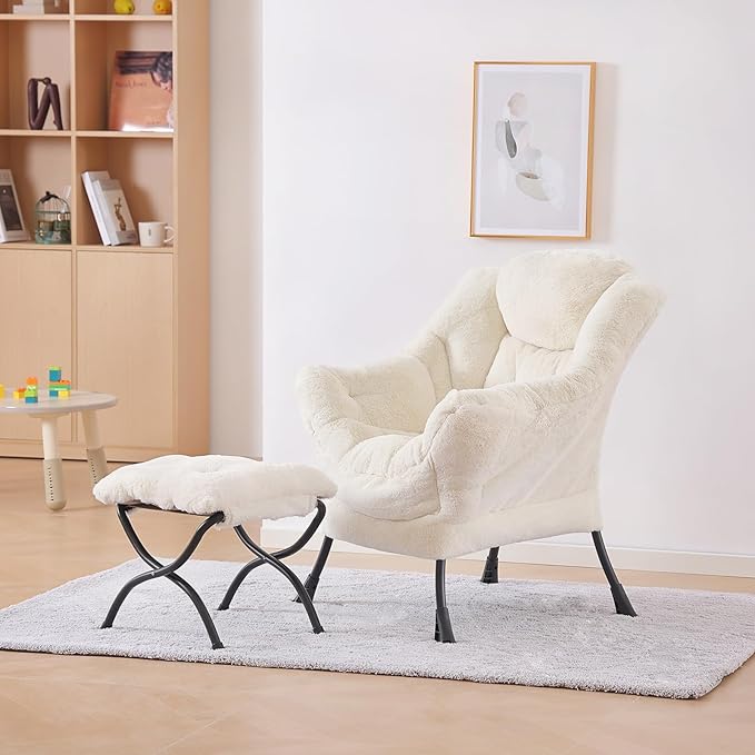 Plush Lazy Chair and Ottoman, Large Contemporary Accent Lounge Chair with Armrests and a Side Pocket, Modern Leisure Upholstered Sofa Reading Armchair with Footrest for Bedroom, Living Room - LeafyLoom