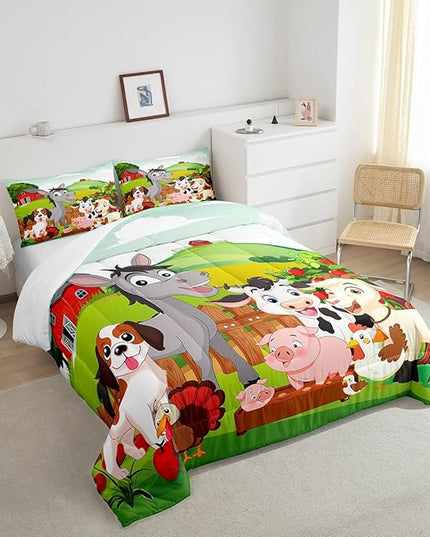 Cute Farm Animals Bedding Set Kids Cartoon Pig Dog Cow Horse Comforter Set for Boys Girls Teens Nature Country Style Comforter Farmhouse Rustic Duvet Set Colorful Bedroom Decor Quilt Set Full Size - LeafyLoom