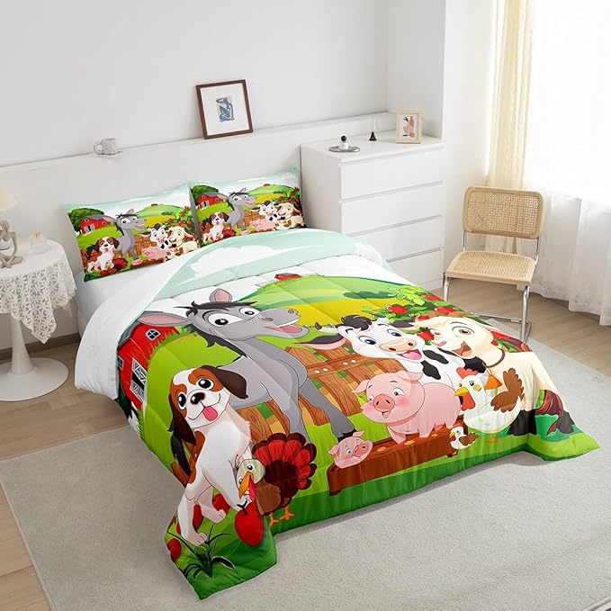 Cute Farm Animals Bedding Set Kids Cartoon Pig Dog Cow Horse Comforter Set for Boys Girls Teens Nature Country Style Comforter Farmhouse Rustic Duvet Set Colorful Bedroom Decor Quilt Set Full Size - LeafyLoom