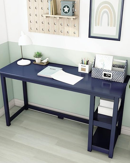 Max & Lily Solid Wood Desk With Shelves, 55 Inches, Blue - LeafyLoom