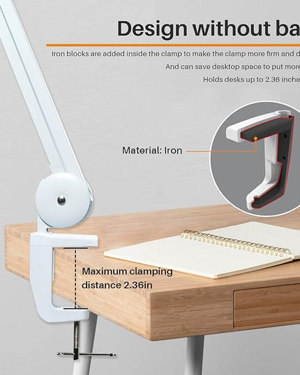 Task Lamp with Clamp, Bright 117PCS LEDs, Metal Swing Arm 24W 2200 Lumen Dimmable Led Desk Lamp for Architect Home Office Study Reading Dorm Workbench Craft, 23 Inch Lamp Head Work Lamp(White) - LeafyLoom