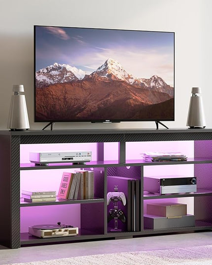Bestier LED Tall TV Stand, Entertainment Center for 55/60/65 inch TV, Gaming TV Console with Storage for PS5, Adjustable Shelf Modern High TV Cabinet for Living Room Bedroom, Carbon Fiber Black - LeafyLoom