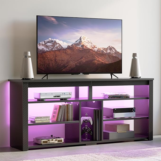 Bestier LED Tall TV Stand, Entertainment Center for 55/60/65 inch TV, Gaming TV Console with Storage for PS5, Adjustable Shelf Modern High TV Cabinet for Living Room Bedroom, Carbon Fiber Black - LeafyLoom
