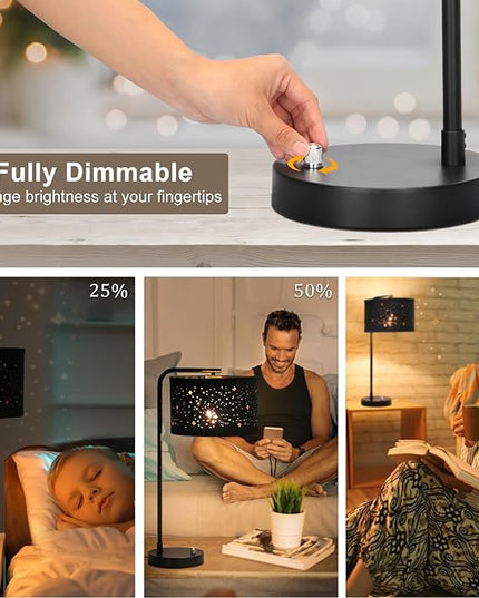 Bedside Table Lamp, Fully Dimmable Table Lamp with 2 USB Ports, Modern Nightstand Lamps with Stars Shade, USB Side Table Lamp, Tall Desk Reading Lamps for Living Room Bedroom 3000k LED Bulb Included - LeafyLoom