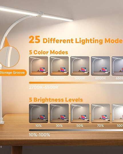 LED Desk Lamp for Home Office, Remote Control LED Desk Light with Color Changing Dimmable Computer lamp with Flexible Gooseneck, 24W, Double Head, White - LeafyLoom