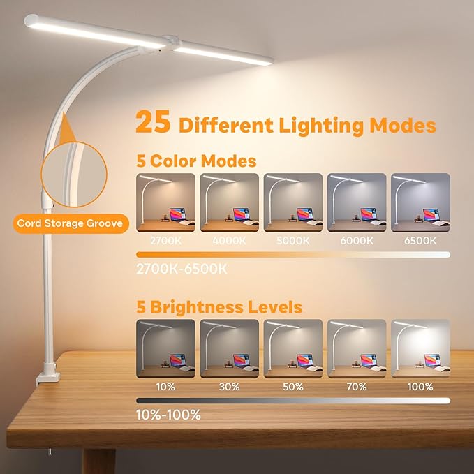 LED Desk Lamp for Home Office, Remote Control LED Desk Light with Color Changing Dimmable Computer lamp with Flexible Gooseneck, 24W, Double Head, White - LeafyLoom
