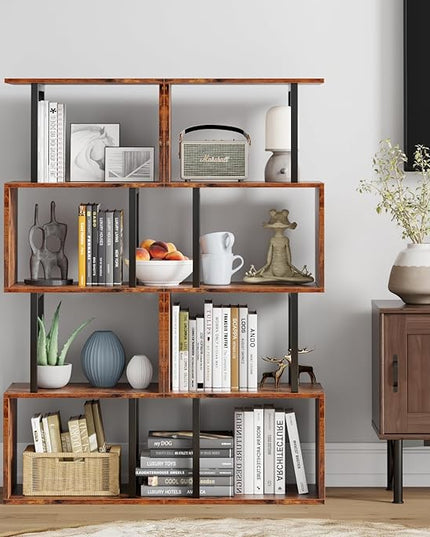 Furologee 5-Tier Bookshelf, S-Shaped Geometric Bookcase, Narrow Freestanding Display Shelves, Modern Wood Decorative Storage Shelving Rack for Bedroom, Living Room, Home Office, Rustic Brown - LeafyLoom