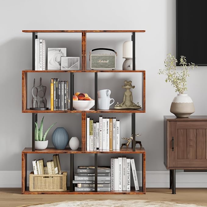 Furologee 5-Tier Bookshelf, S-Shaped Geometric Bookcase, Narrow Freestanding Display Shelves, Modern Wood Decorative Storage Shelving Rack for Bedroom, Living Room, Home Office, Rustic Brown - LeafyLoom