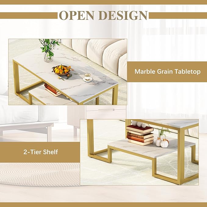 Coffee Table White Faux Marble Coffee Table for Living Room,2 Tiers Rectangle Center Table with Sturdy Metal Frame,Modern Marble Living RoomTable Accent Table for Bedroom Home Office - LeafyLoom