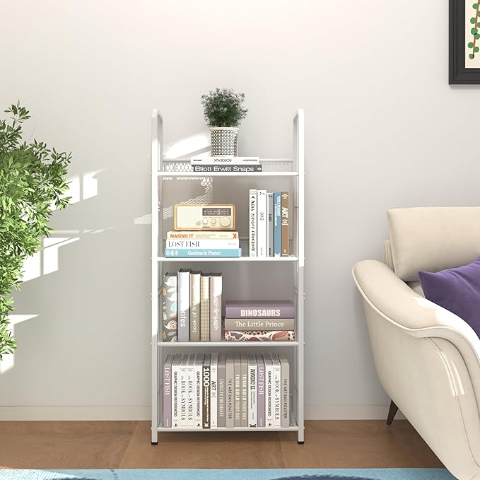 Bookshelf Storage Shelf Bookcase Freestanding Storage Stand Book Organizer for Living Room, Bedroom, Kitchen, Rust Resistance,Easy Assembly Multi-Functional Organizer (4 Tiers, White) - LeafyLoom